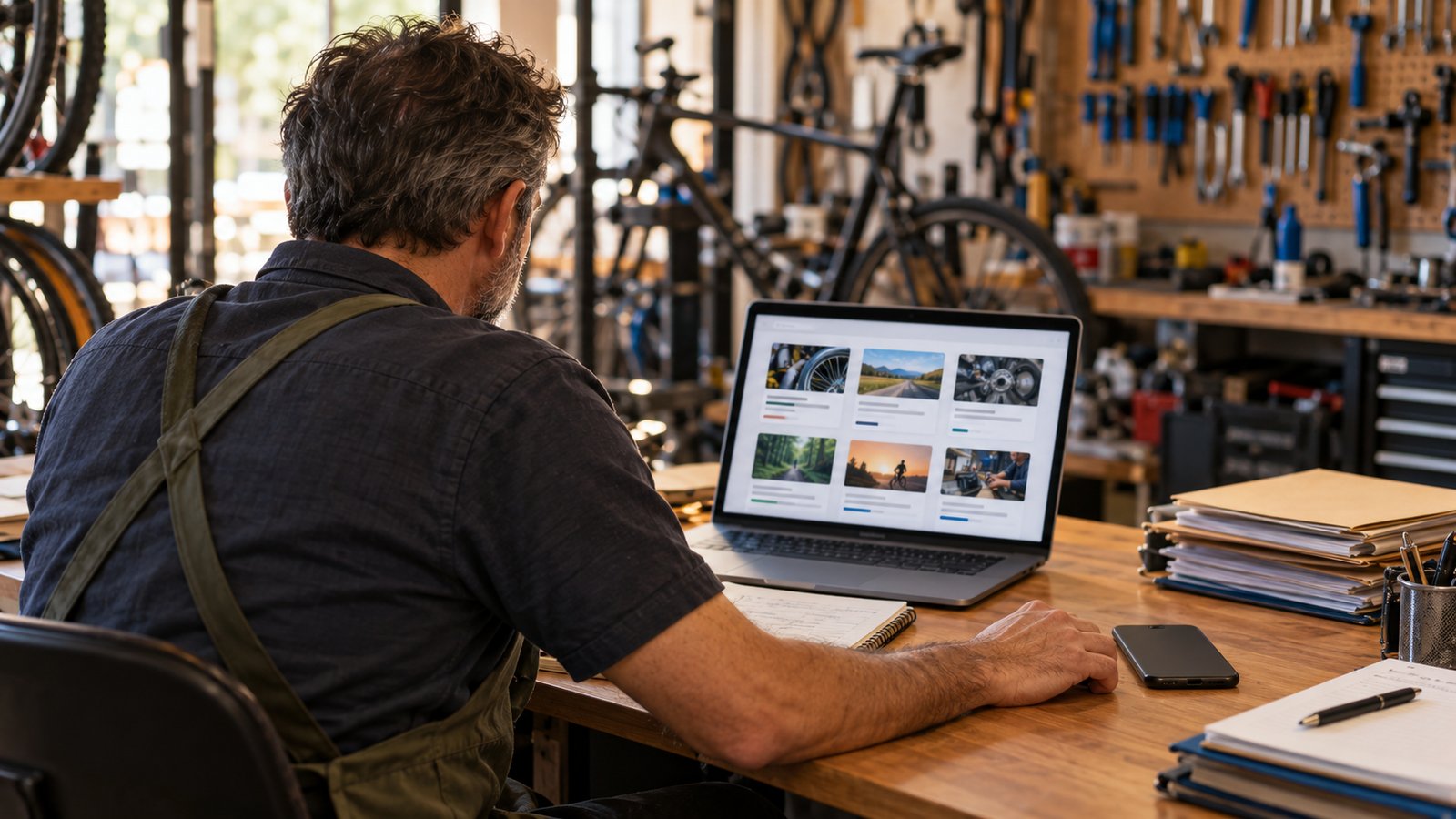 Un artisan consulte des offres de formation au bureau de son atelier de réparation.