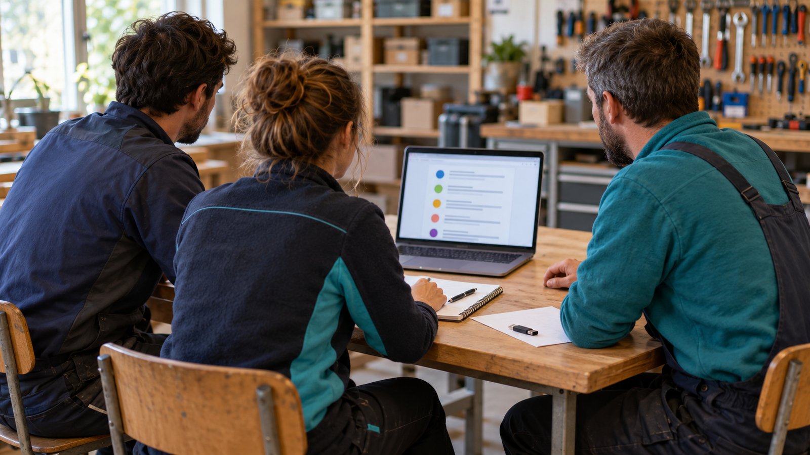 Trois collègues échangent sur les règles de cybersécurité dans le bureau d’un petit atelier.